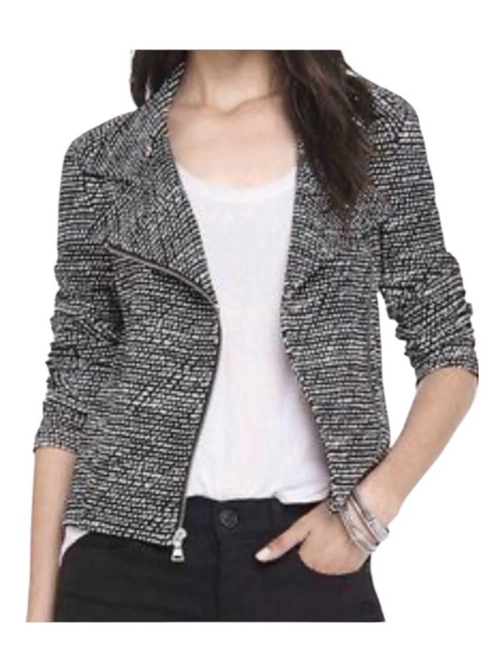 Express Women’s L Black White Textured Knit Moto Jacket Asymmetrical Zip